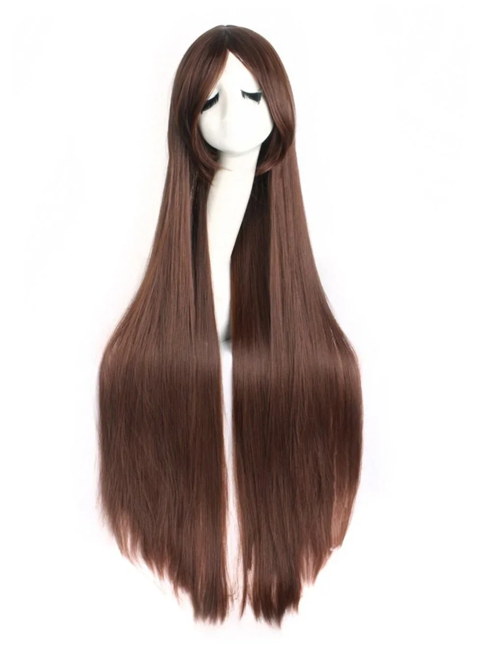 MapofBeauty 40 Inch Oblique Bangs Anime Long Straight Wig, Dark Brown NWOT